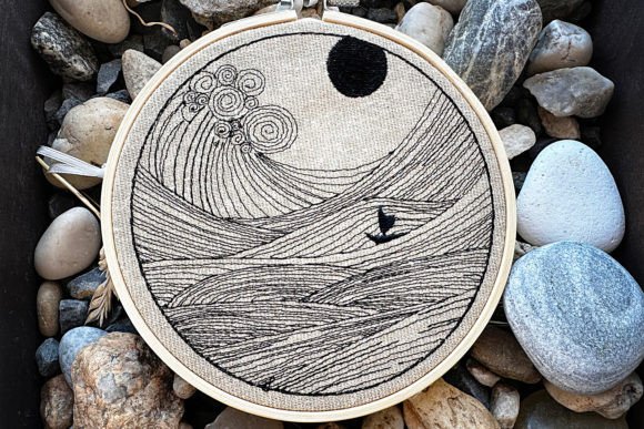 Japanese Boat on Sea Machine Embroidery Design