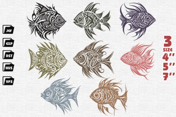 Set of 8 Tribal Fish Embroidery